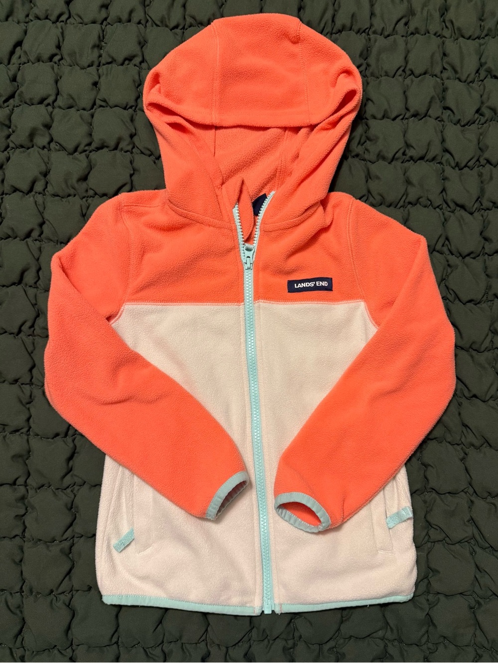 Lands' End Coral and Beige Girls Hooded Fleece Jacket with Aqua Trim